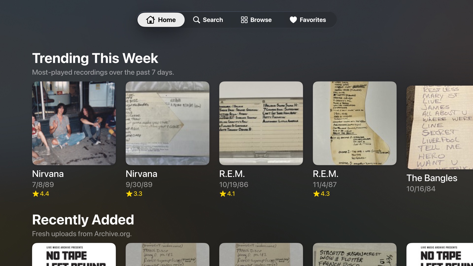 AJ Tapes Apple TV home screen showing Trending This Week and Recently Added rows
