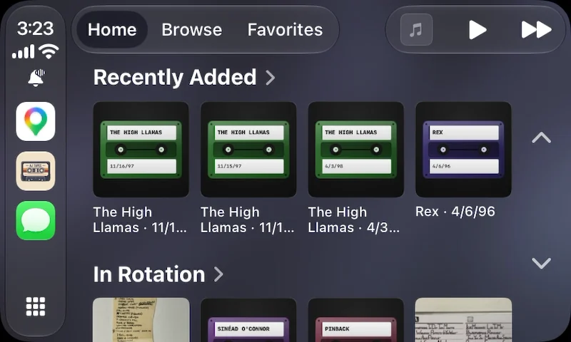AJ Tapes Home in CarPlay, with recently added shows by The High Llamas and Rex.