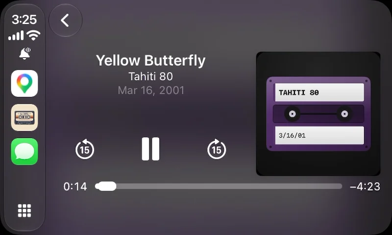 CarPlay Now Playing: Yellow Butterfly by Tahiti 80, with cassette artwork, pause, and 15-second skip controls.