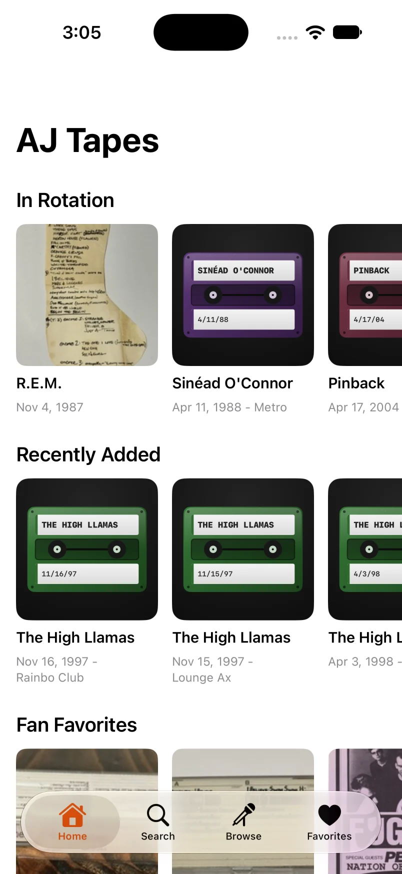 AJ Tapes Home on iPhone, showing In Rotation, Recently Added, and Fan Favorites.