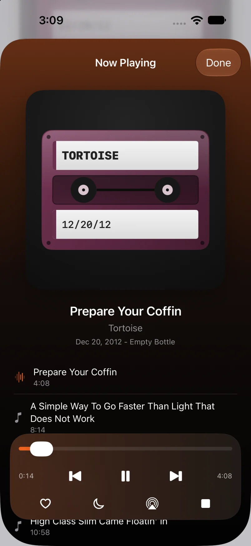 Now Playing on iPhone: Prepare Your Coffin by Tortoise, with playback, favorite, sleep timer, and AirPlay controls.