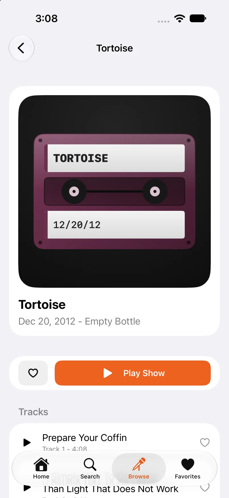 Tortoise’s December 20, 2012 concert at Empty Bottle on iPhone, with cassette artwork and the track list.