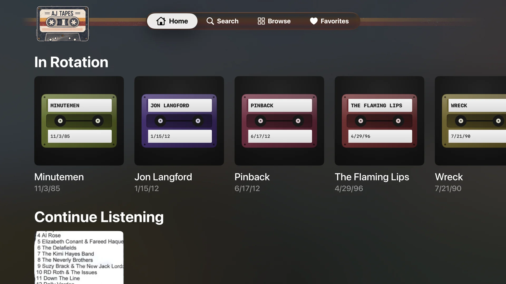 AJ Tapes Home on Apple TV: In Rotation with shows by Minutemen, Jon Langford, Pinback, and The Flaming Lips.