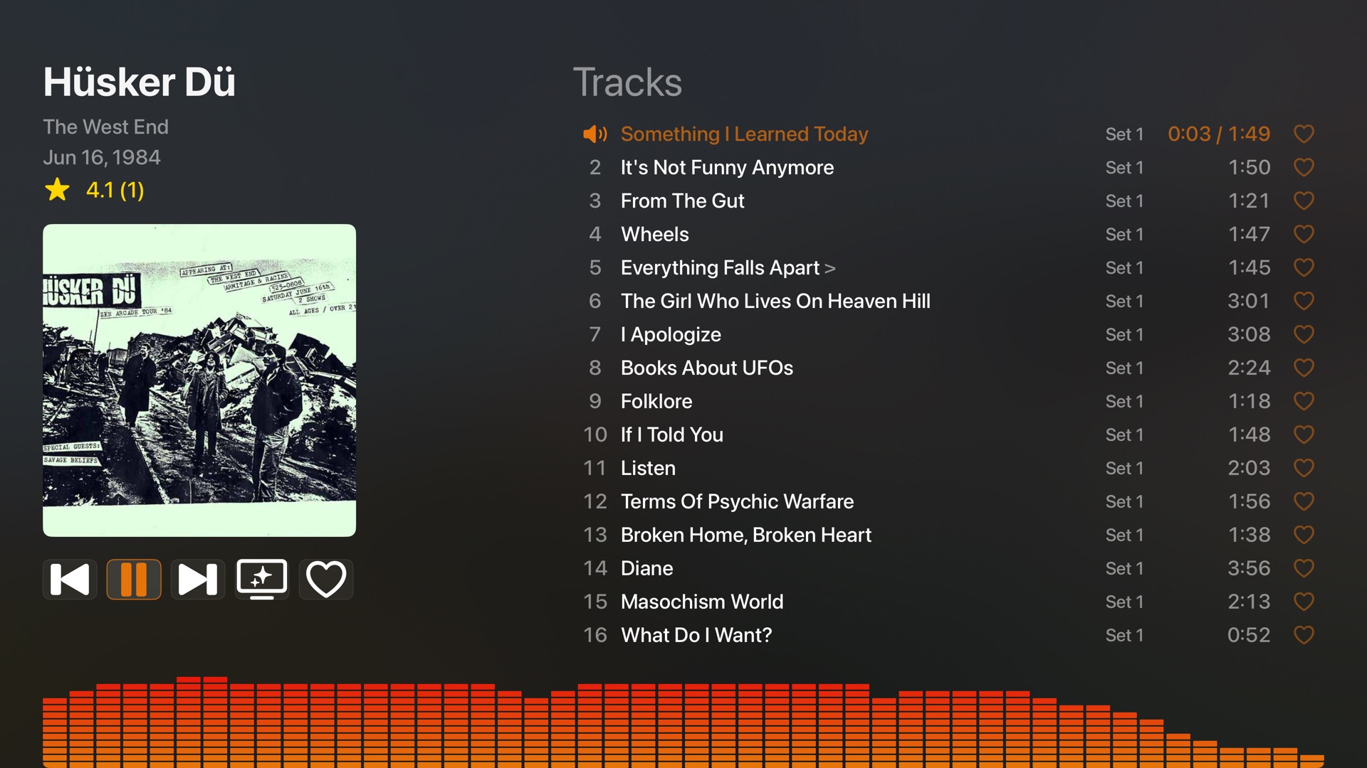 AJ Tapes show detail screen for Hüsker Dü at The West End with tracks and playback controls