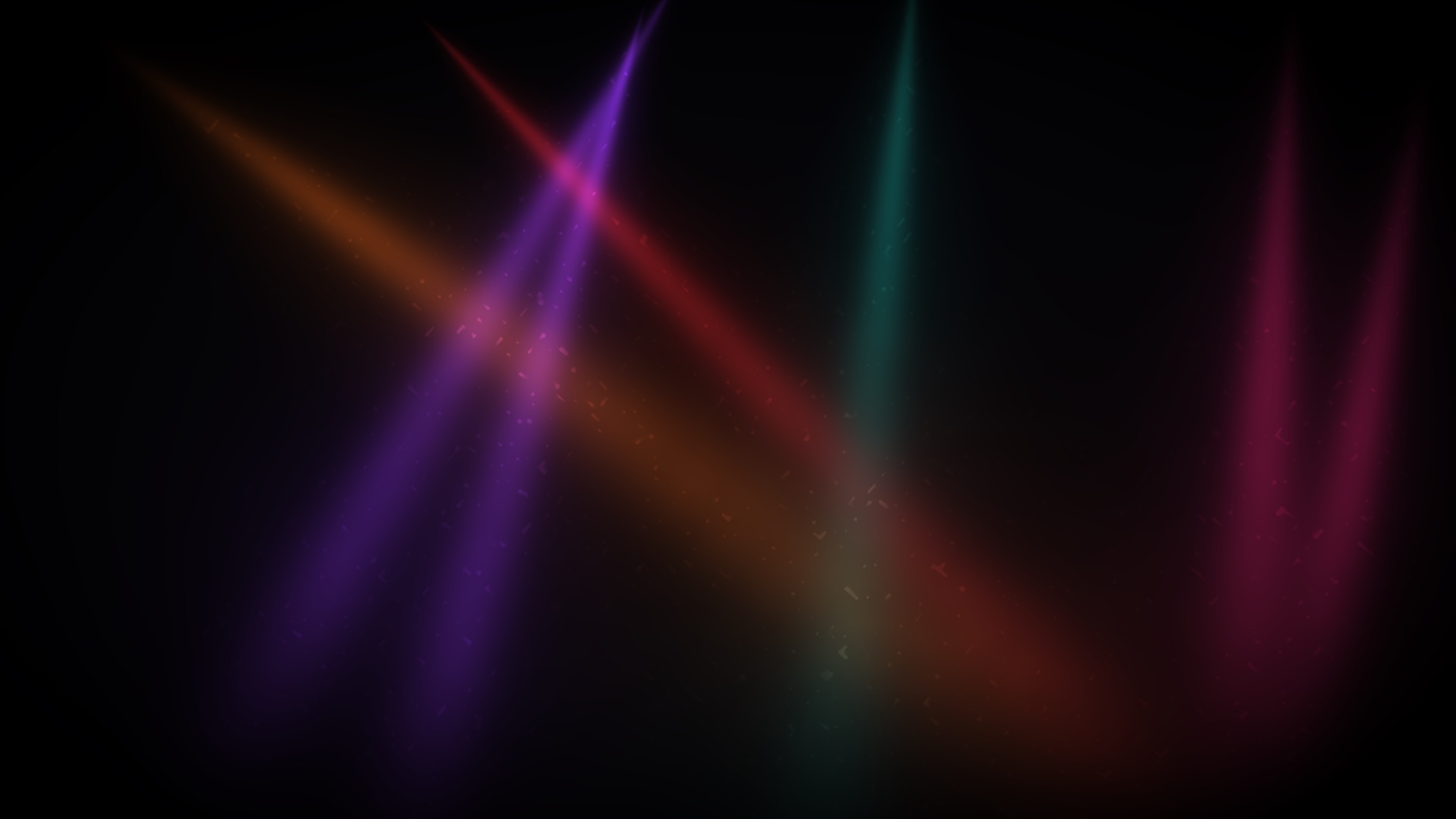 A fan of amber, violet, red and teal beams through fog